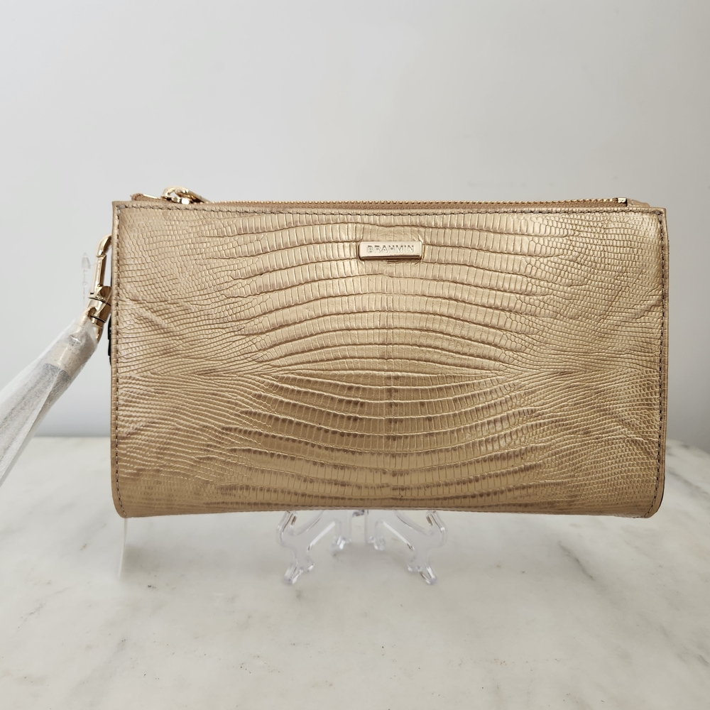Brahmin Daisy Leather Beige Metallic Lizard-Embossed Wristlet Clutch Make Up Bag